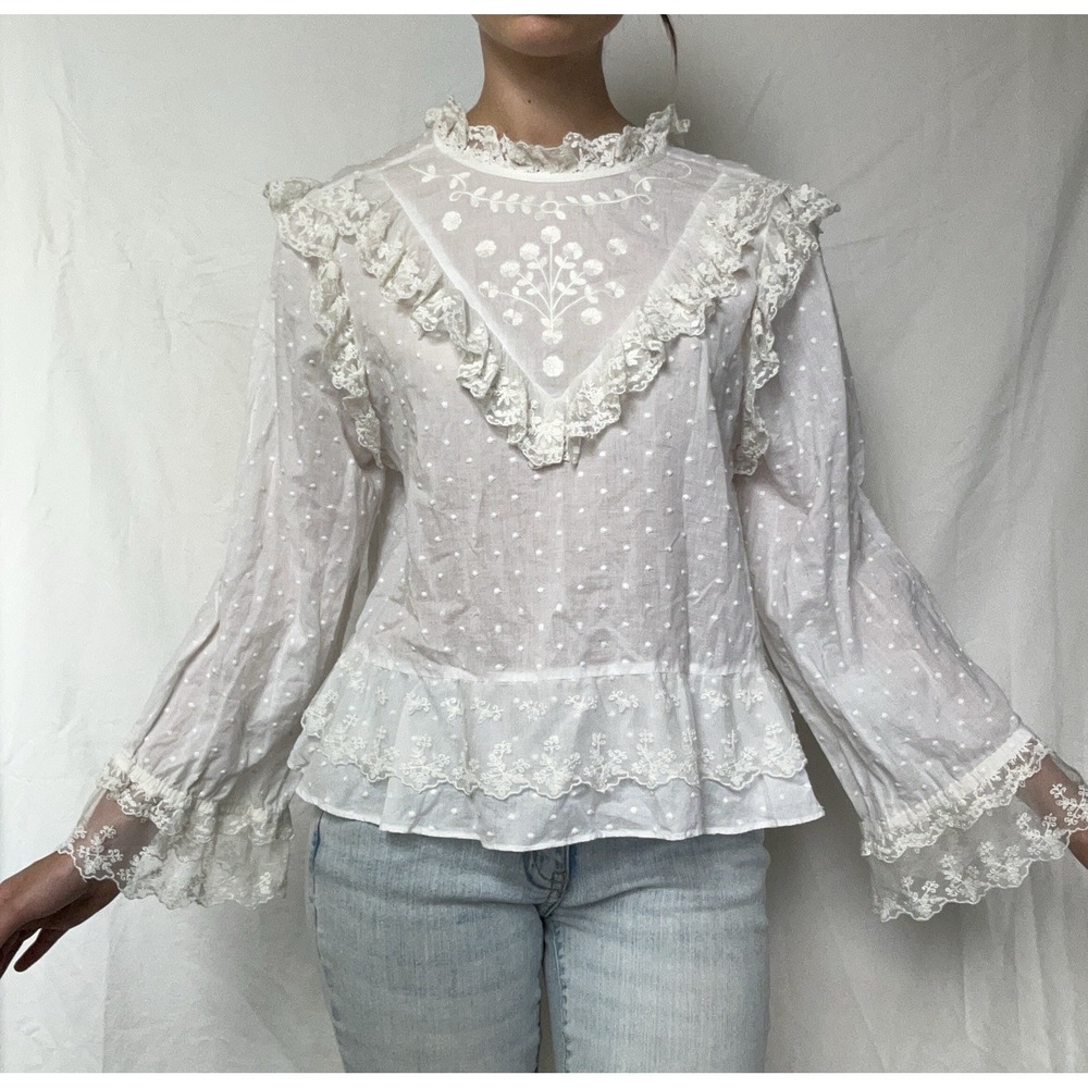 Ulla Johnson Cotton Victorian Blouse Ruffle Lace Cottagecore Romantic Boho Chic